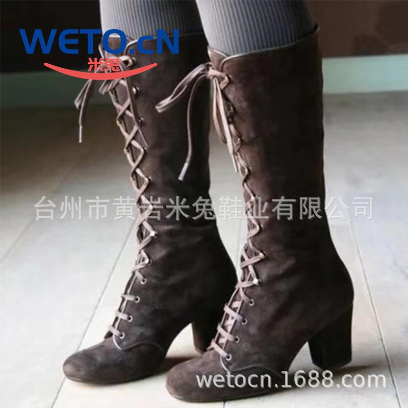 

Large Size Medium Tube High Heel Women s Boots Square Head Thick Heel Front Lace-Up Fashion Knight Boots 35 чорний