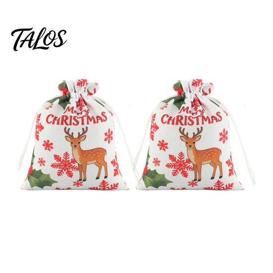 Christmas Eve Gift Wraps 2Pcs Drawstring Bags, Xmas Tree Reindeer Printed Candy Treat Family Party Holders Pouches, Reusable Fabric Holiday