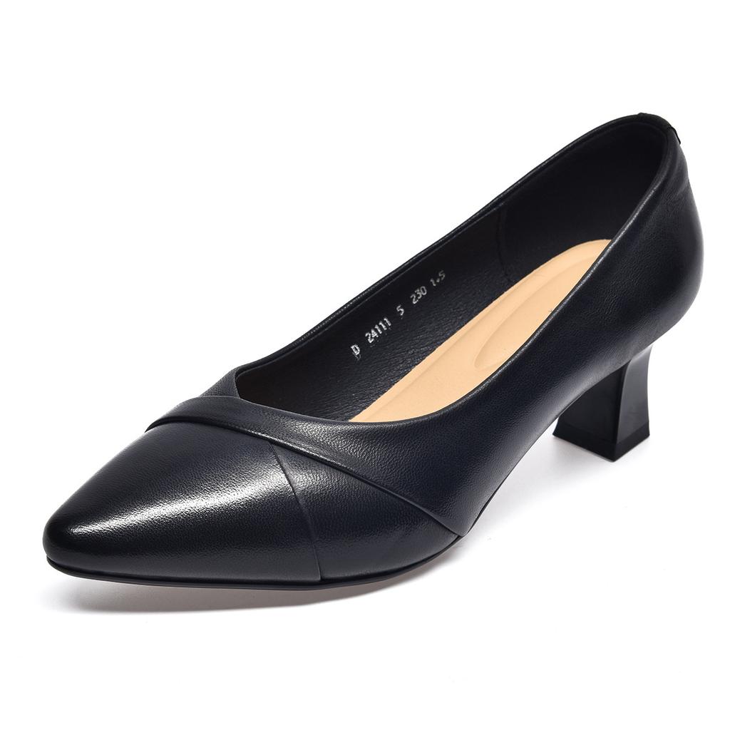 Pointed High Heels Women's Simple and Generous Sheepskin Work Shoes Medium Heel Shallow Mouth Single Shoes Dress Shoes