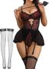 Women Lingerie with Garter Belt 4pcs Set Lace Contrast Mesh Bodysuit Ruffle Garter Belt Skirt With Stockings