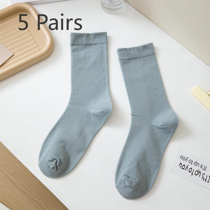 5 Pairs Socks Women's Mid-calf Socks Autumn and Winter Solid Colour Cotton Thickened White Thigh-high Stacked Socks Morandi Bone-less Monthly Socks
