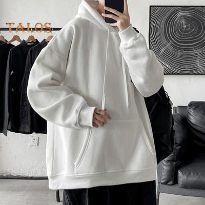 Men Autumn Winter Hoodie Thick Plush Big Pockets Solid Color Long Sleeves Plus Size Elastic Cuff And Hem Hooded Loose Daily Wear Casual Sport Top