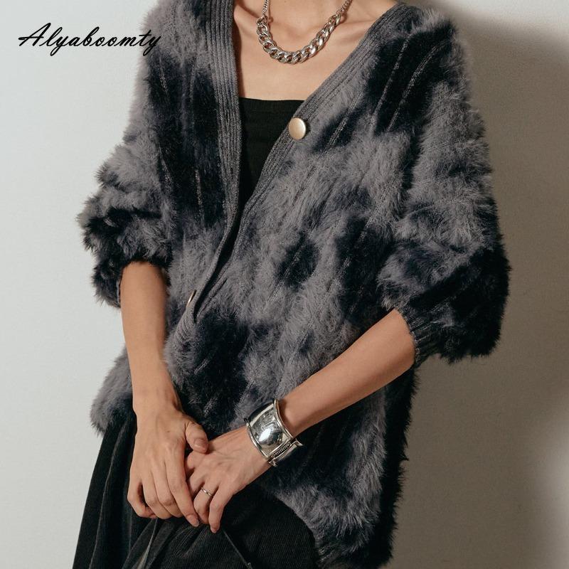 Korean Fashion Autumn Winter Women Cardigan V Neck Fluffy Knitted Outerwear Contrast Color Knitting Warm Soft Overcoat