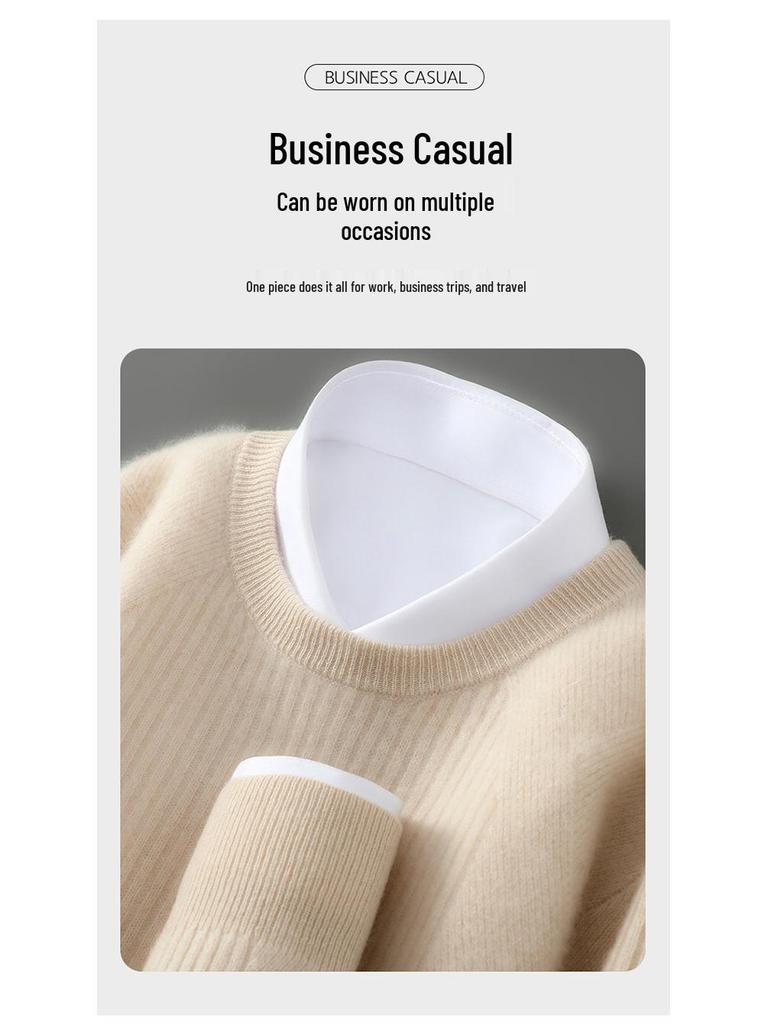 Men's High-Quality 100% Wool Round Neck Sweater, Vertical Ribbed Knit, Soft and Luxurious Thick Base Layer