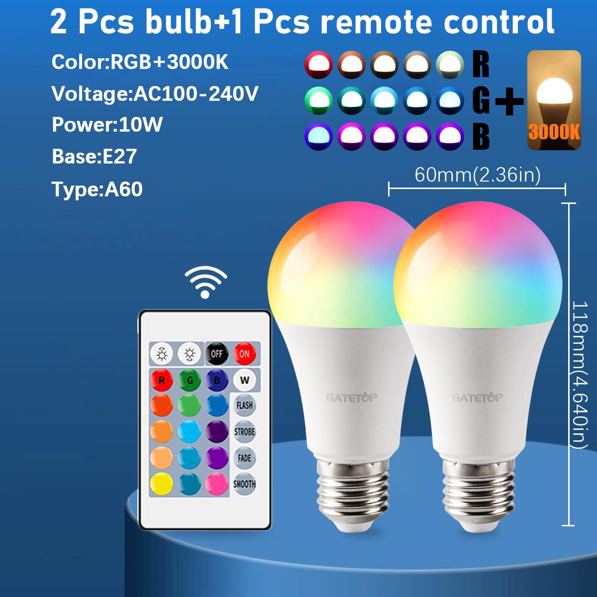 2pcs Smart Dimmable RGB LED Bulbs (E27/B22)! 16 Vivid Colors, 220V/110V, 24 - Key Remote for Effortless Lighting Control AC100-240V&10W