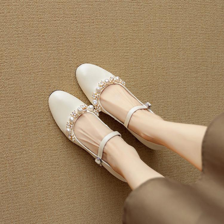 Great Good To Wear French Light Mouth Single Shoes Women's Spring and Autumn Pearl Round Head High Heels Thick Heel Leather Beige Mary Jane Shoes
