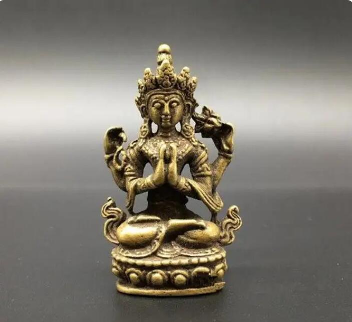 

Медная статуя, китайская чистая латунь, маленькая статуя Гуаньинь с четырьмя руками