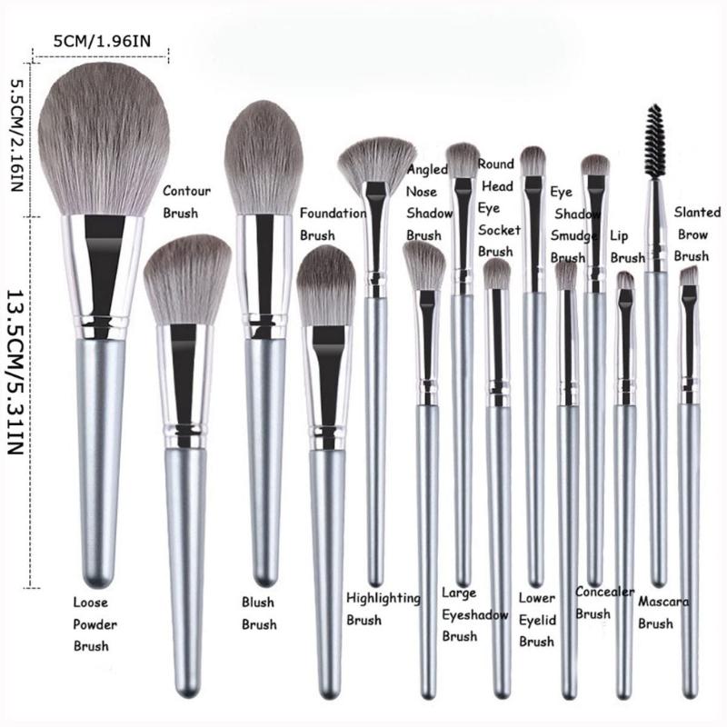 14-Piece Personal Makeup Brush Set Silver-Grey With Leather Pu Case Soft Smooth