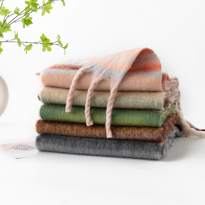 Korean Style Brushed Colorful Scarf Autumn and Winter Warm Scarf Fashion Large Shawl Thick Thick Beard Tassel Striped Scarf for Women
