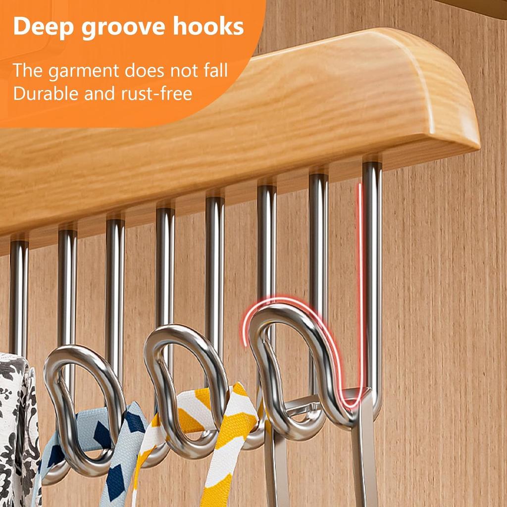 2pcs Multifunctional Wooden Clothes Hanger With 8 Hooks Space Saving Closet Organizer For Belts, Ties, Bras, Tank Tops, Jeans And Trousers