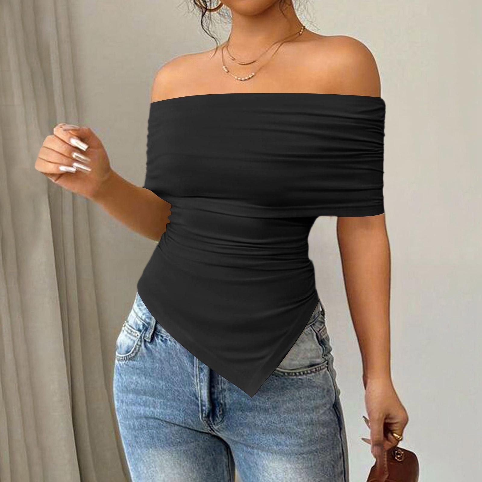 

Женская модная и универсальная цветная футболка без бретелек с открытыми плечами и неровным низом L чёрный