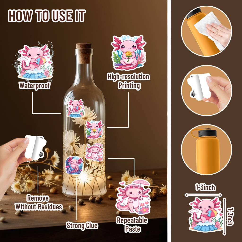 35pcs-50pcs Playful Cute Stickers Kawaii Axolotl Cute Cartoon Stickers DIY Stickers For Guitar Laptop Helmet Skateboard Guitar