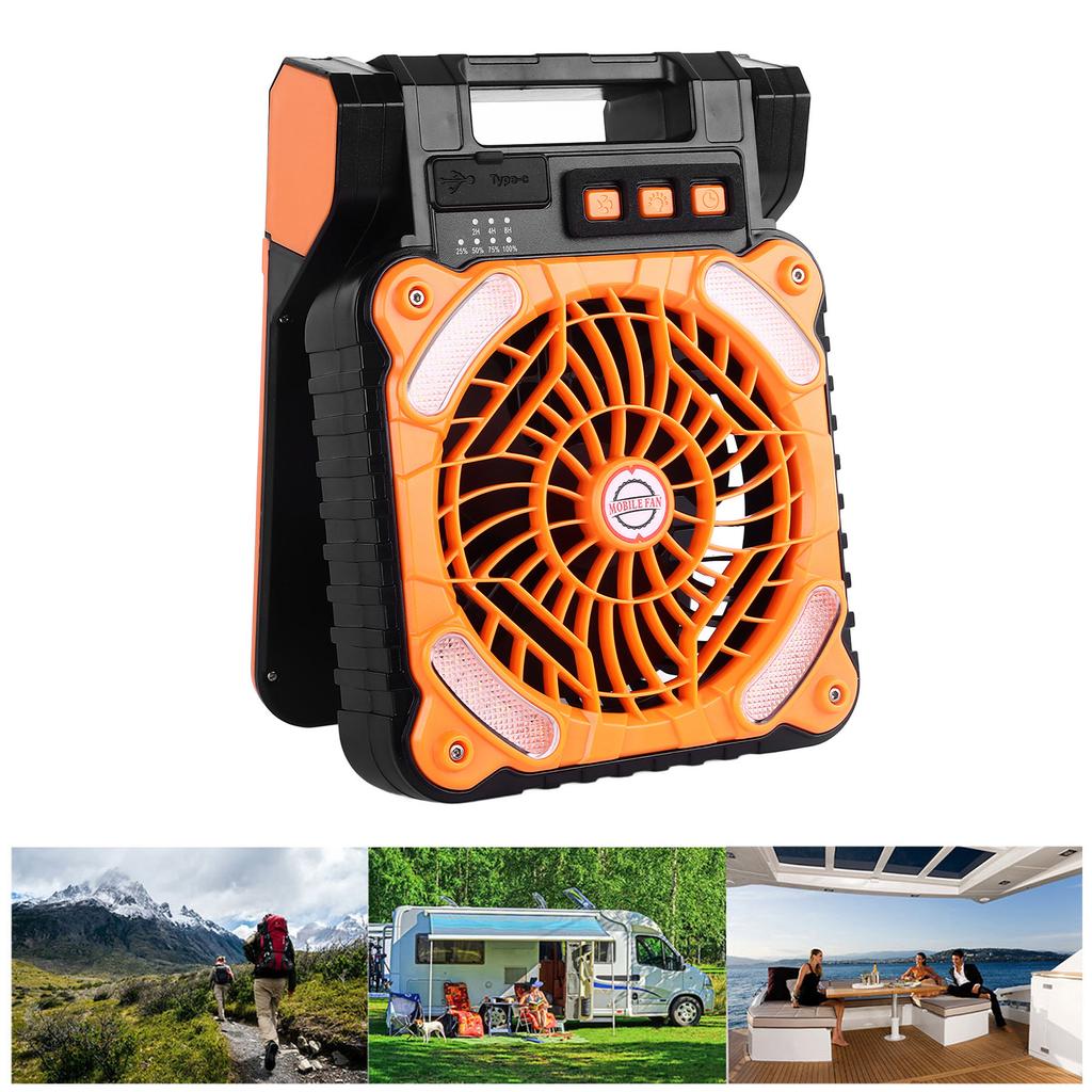 Solar Fan 5200MAH Type C Charging 4 Speed   Brushless Motor 4.5mCelsiuss Low Noise LED Timer Solar Camping Fan for Fishing Outdoor Activities