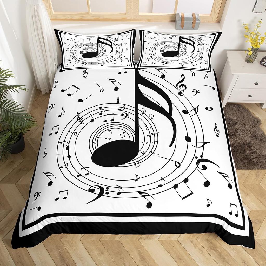 Musical Note Bedding Set Queen,Black White Comforter Cover Girls,Kids Piano Duvet Cover Set Music Theme Bedspread Cover