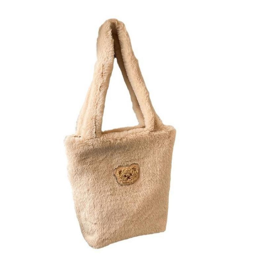 Soft Plush Bag Bucket Bag Large Capacity Zipper Shoulder Bag Handbags Women Fashion Shopping Autumn and Winter Little Bear
