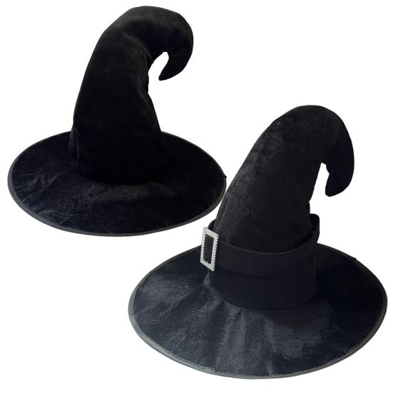 Velvet Witch Hat with Mysterious Button Design Wide Brim Solid