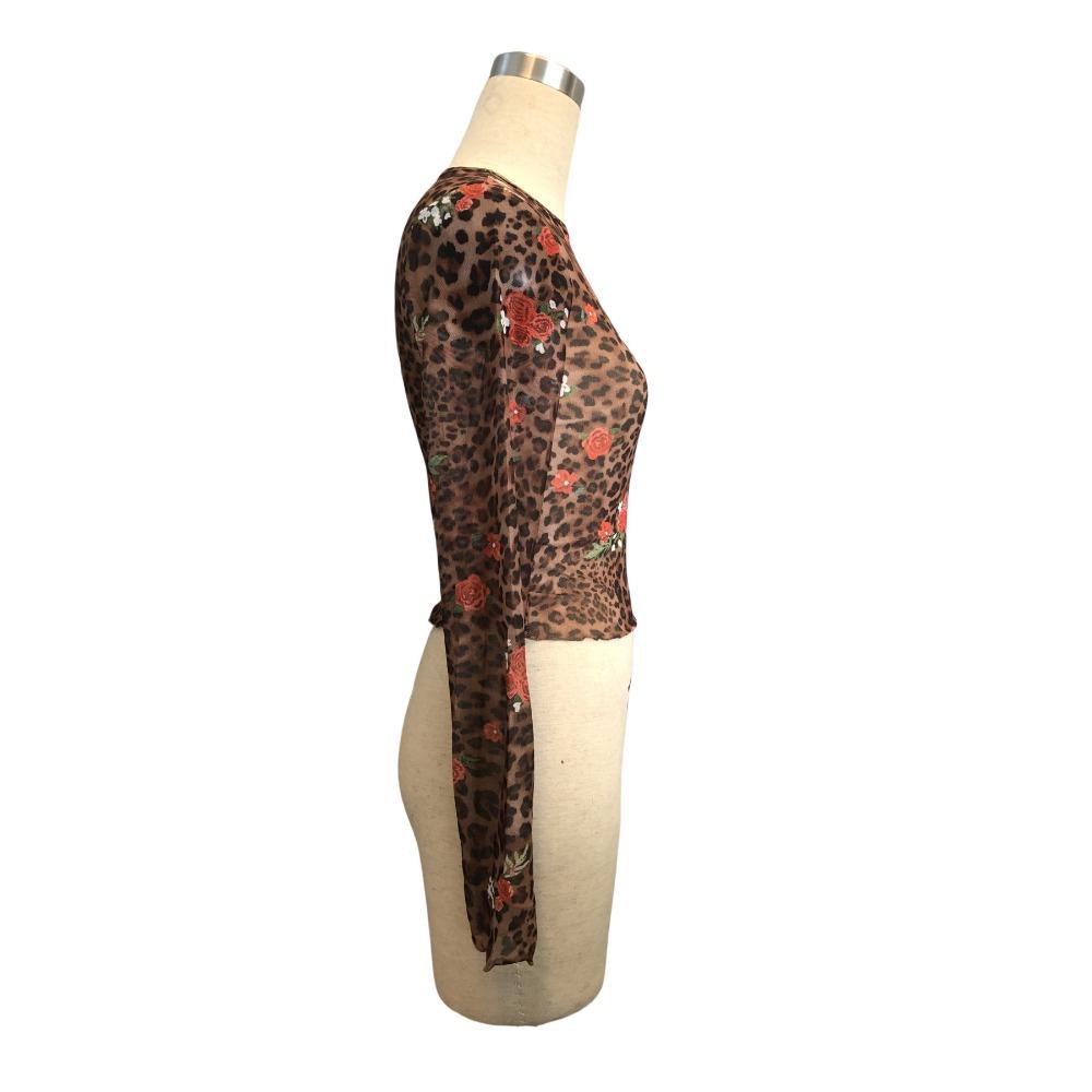 Spring Summer Ladies Leopard Floral Print Mesh Round Neck Short Long Sleeve T-Shirt