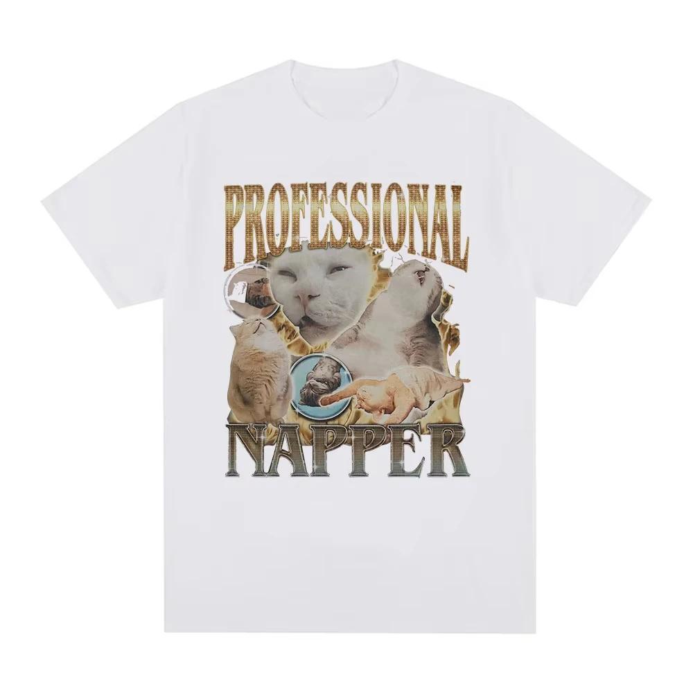 Professional Napper Funny Cat Meme Printed T-shirt Women Casual T Shirt Fashion Vintage Round Neck T-shirts Streetwear