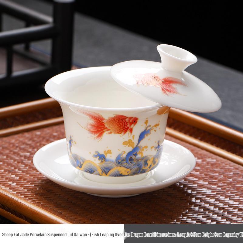 Sheep Fat Jade Porcelain Rotating Gaiwan High-End Ceramic Gongfu Tea Set