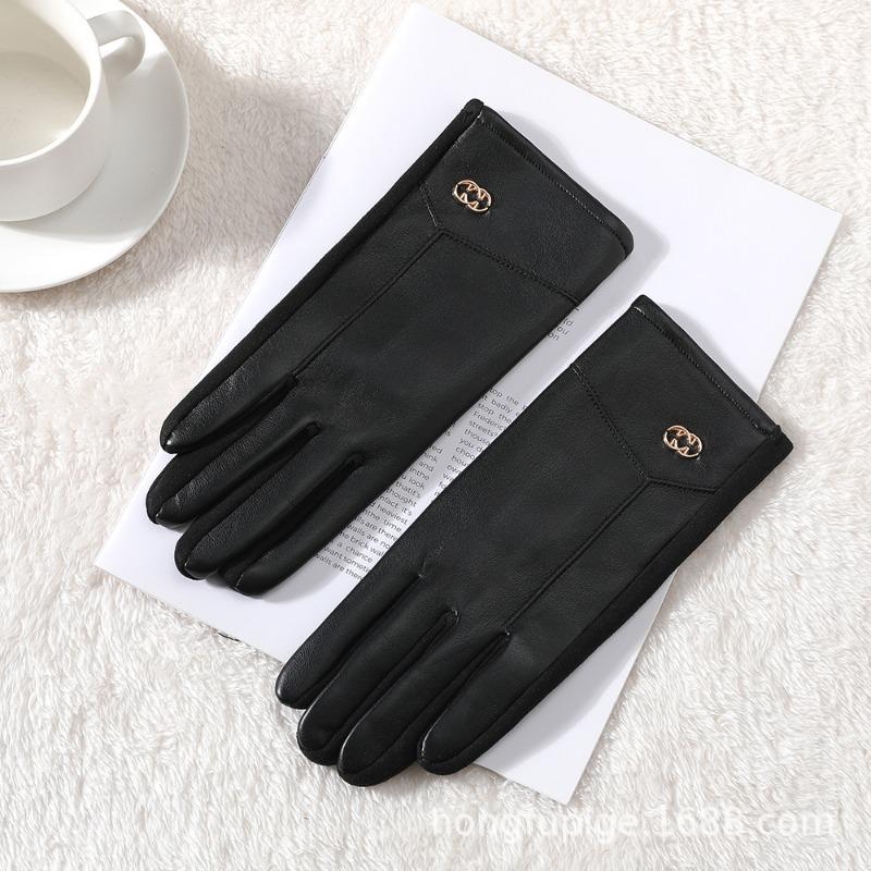 Warm leather gloves women cute velvet winter thickened outdoor riding windproof and cold driving touch screen gloves