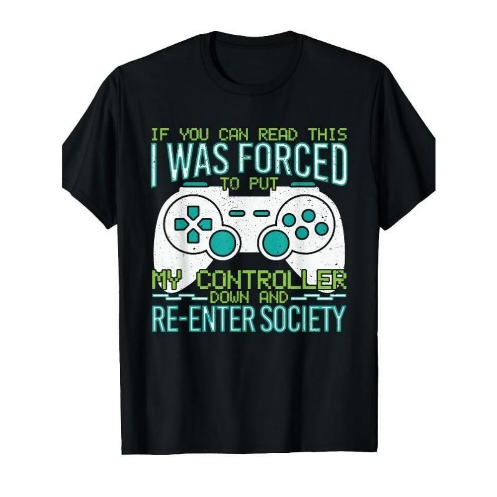 European Sizes Pro Gamer Presents _Put Controller Re-Enter Society_ Gaming T-Shirt - Retro Adult Black Tee with Controller Graphic, S