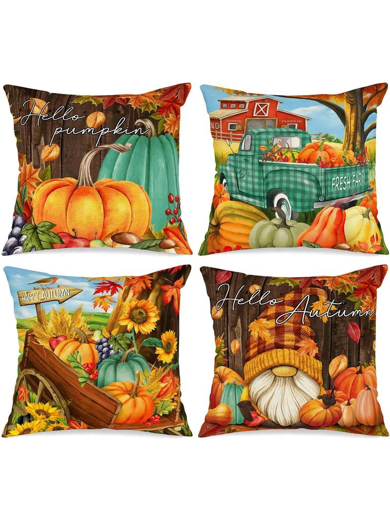 Fall Pillow Covers Set Of 4, Pumpkin Gnomes Decorative Holiday Pillow Case 18 Inch Autumn Cushion Covers Thanksgiving Pillowcase