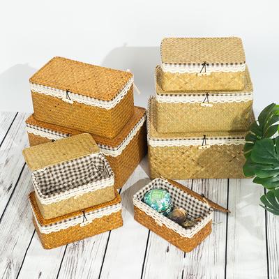 WCIC New Home Seagrass Handmade Straw Woven Storage Basket Desktop Storage Box With Lid With Checkered
