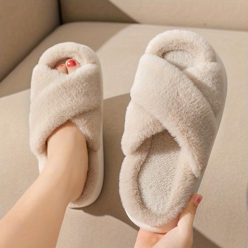 Cross Warm Fluffy Furry Slippers Women Lightweight Flat Heels Fur Slides Woman Autumn Winter Open Toe Non Slip Home Floor Shoes