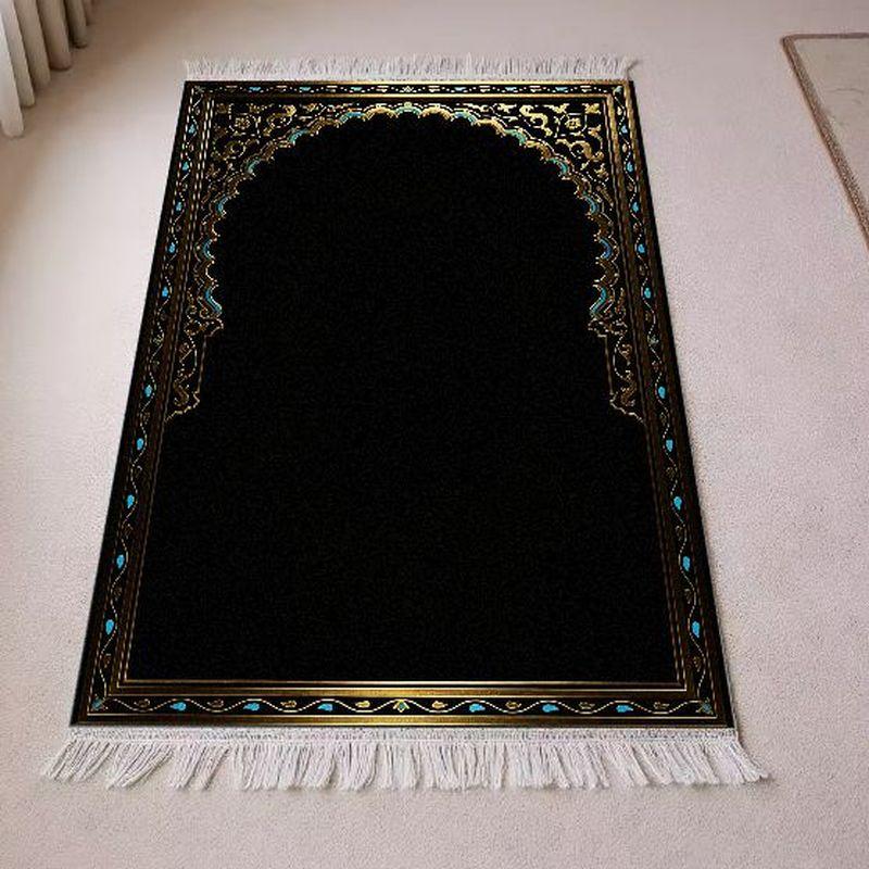 Tapis de Salat Islamique en Velours Simple Noir Or Bleu Motif Floral Mihrab Portable Antidérapant Tapis de Prière Cadeau de l'Aïd