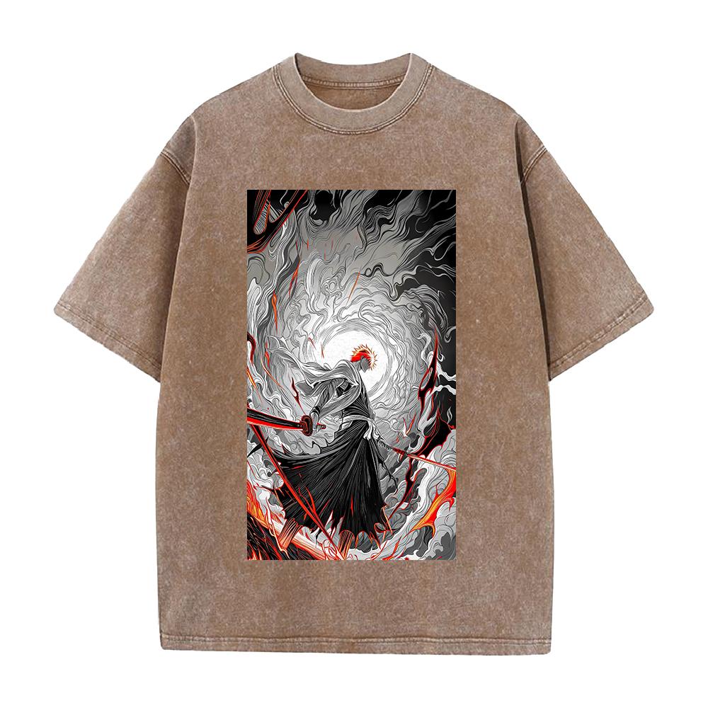 Anime BLEACH Kurosaki Ichigo Printed Tee Men Women Washed Cotton T-shirts Short Sleeve T Shirt Harajuku Unisex Oversized Tshirt S коричневый