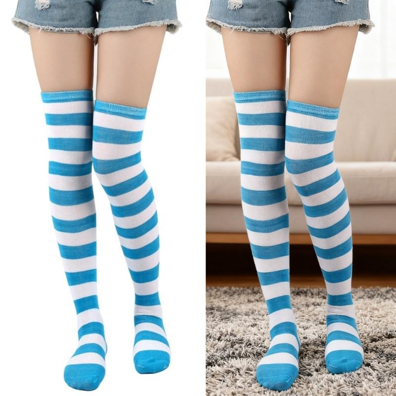 Regenbogen Oberschenkelhohe Socken Bunte Streifen Über das Knie Socken Strumpfwaren Halloween Cosplay Kostüm Zubehör Damen Herren Kind