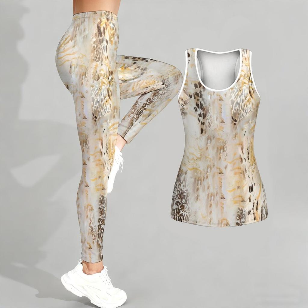 Luipaardprint en Graffiti Patroon Print Yoga Outfit voor Dames Mode Workout Leggings Fitness Sport Casual Yoga Set Sportpak