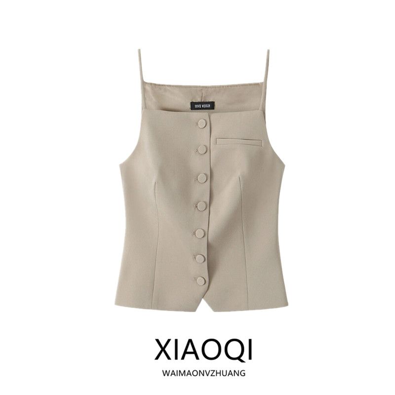 Fashion Style 2024 Fall and Winter New Women's Sling Easiest for Match Decorated Row Button Straight Collar Vest Style Tops 2010701