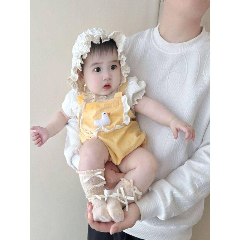 New Summer Style Fake Two-Piece Romper for Infants, Super Cute Cartoon Short-Sleeve Jumpsuit for Young Babies