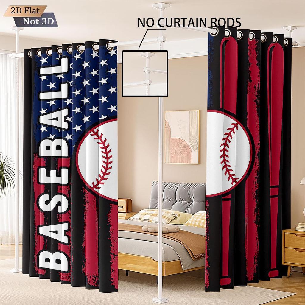 Customized Blackout Baseball Print Curtains with Photo Hooks - High-Precision Sunscreen Design for Bedroom