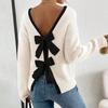 Damen Rundhals Langarm Strickpullover Lockerer Schnitt Lässiger Pullover mit Schleife am Rücken