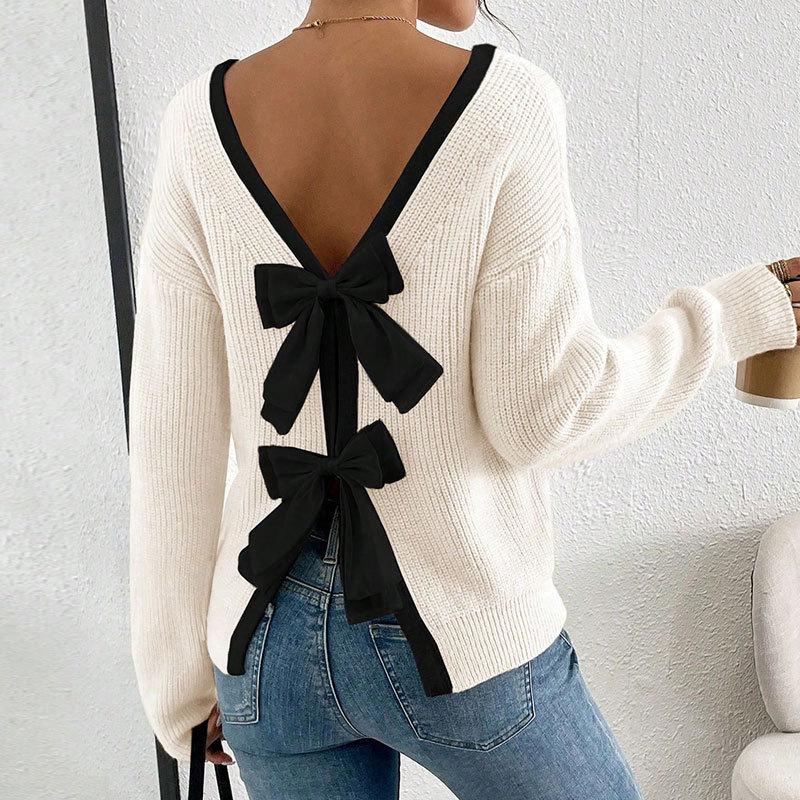 Damen Rundhals Langarm Strickpullover Lockerer Schnitt Lässiger Pullover mit Schleife am Rücken