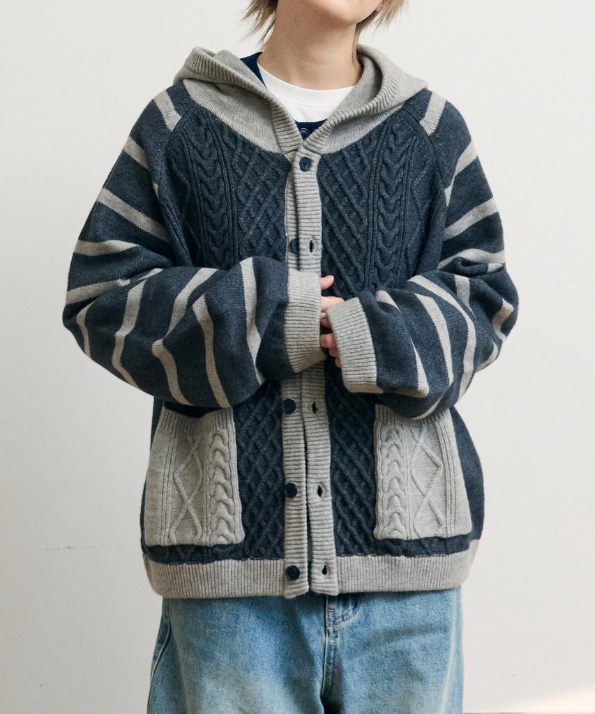 Iseuteuseobiseusyab Striped Cable Knit Hooded Cardigan - Truffle Gray