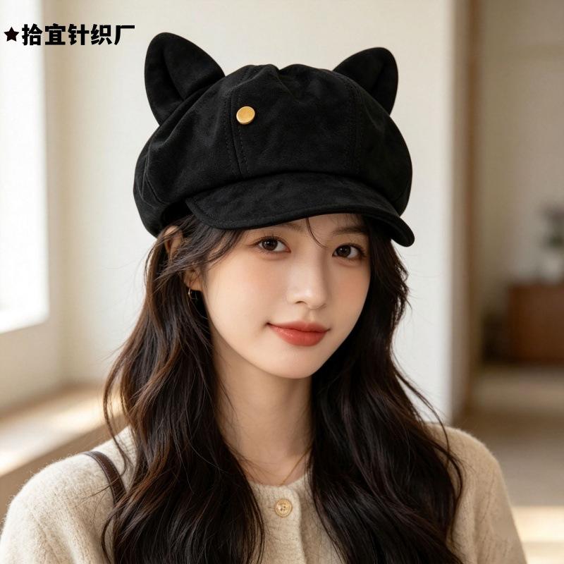 Octagonal hat women's cute cat ears show face small newsboy hat autumn and winter fashion retro painter hat beret versatile