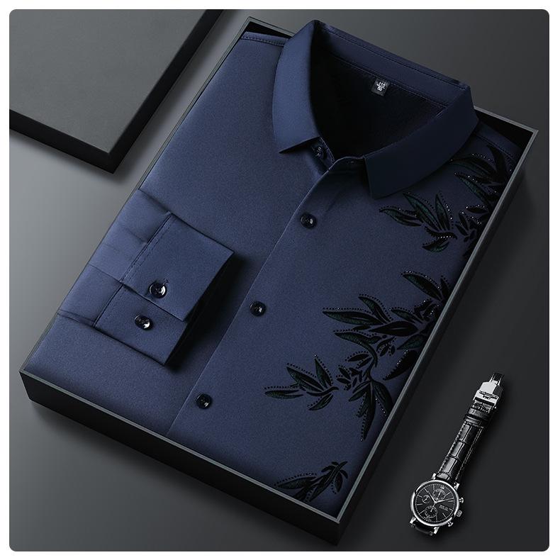 Herrskjorta i kinesisk stil med fleecefoder och stretch - Sömlös, skrynkfri, varm, långärmad, krage