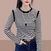 Loose Fit Striped Black & White Patchwork Long Sleeve T-shirt - Korean Style, Casual Plus Size Base Top for Autumn