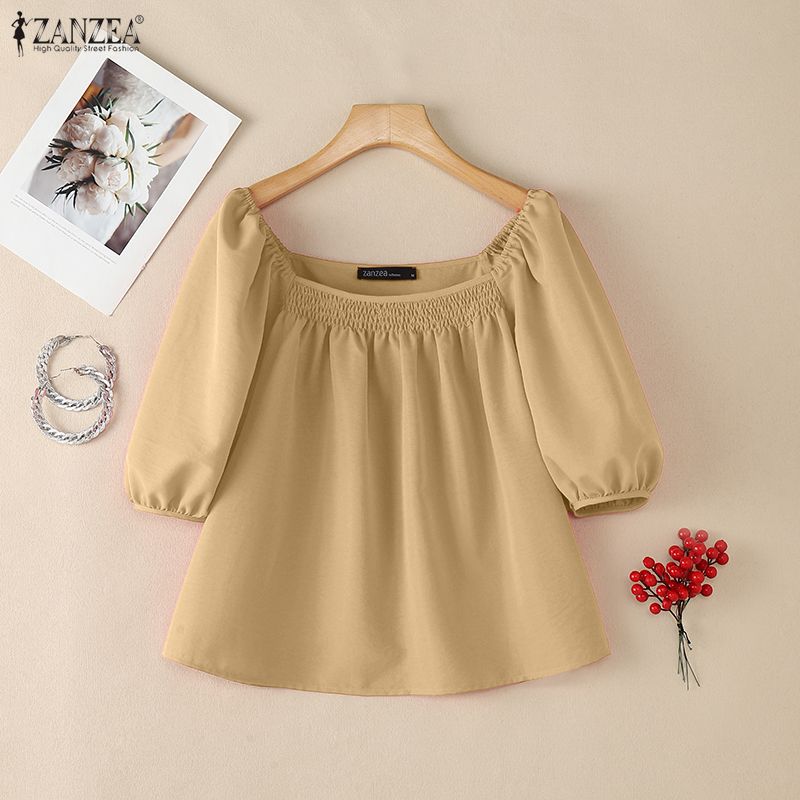 ZANZEA Women Casual Square Collar Loose Summer Short Sleeve Blouse