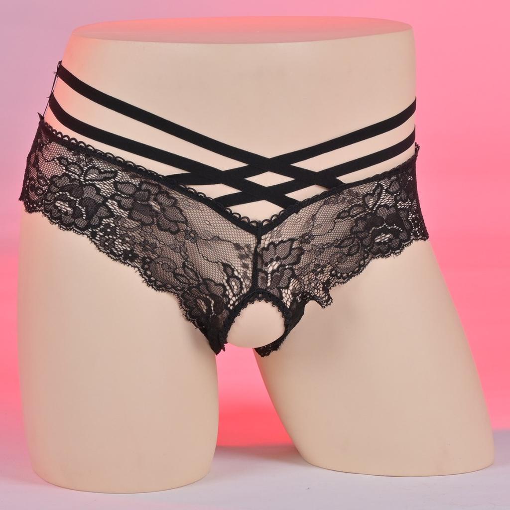 Women Mens Mesh Lace Sheer Briefs Cross-Dressers Femboy Sissy Lingerie Crotchless Panties Low Rise Hollow Out Low Rise Underwear