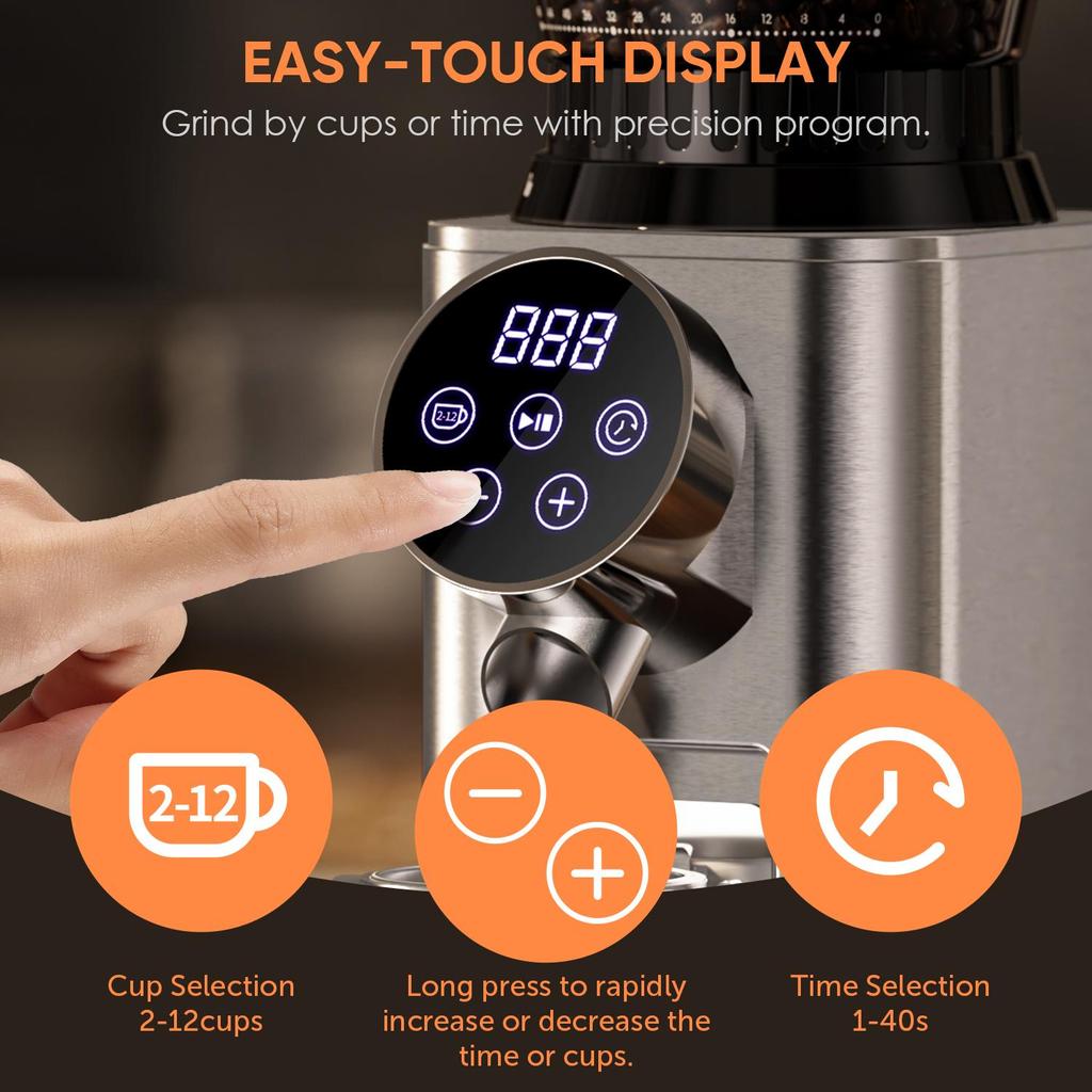 BioloMix CG210 Haushalts-Kaffeemühle Kegelmahlwerk mit Touch-Timer, 48 Mahlgrade für Espresso Pour Over