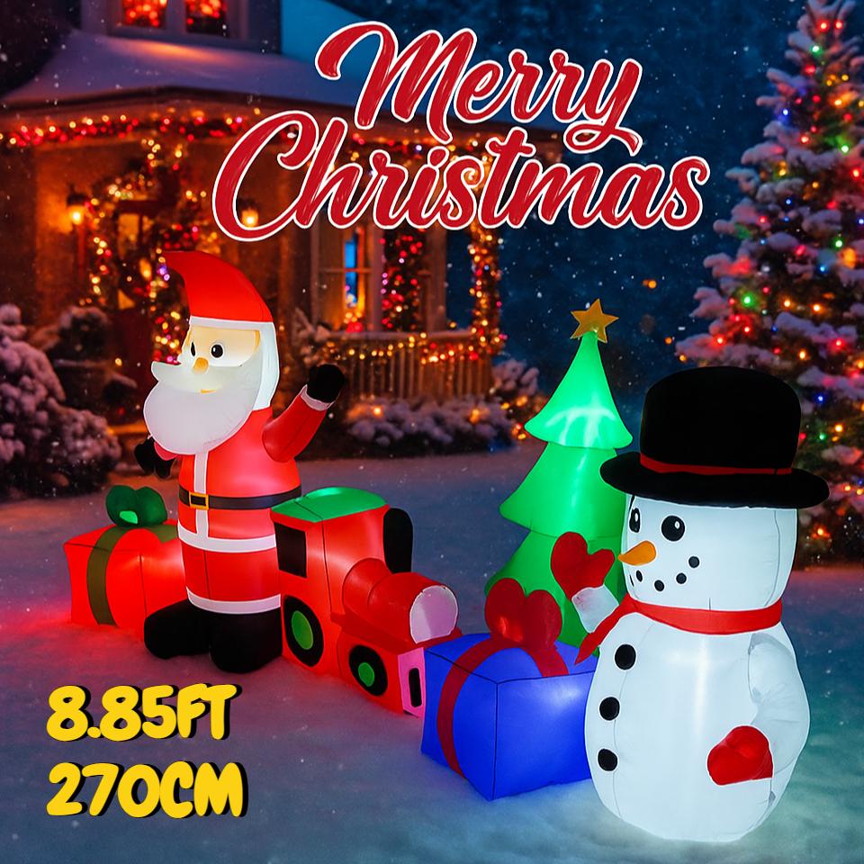 8.85FT Inflatable Santa Snowman Train Gifts Set Toy Yard Lawn Party Decoration Festive Gift LED Lit Supplies Xmas Home Ornament