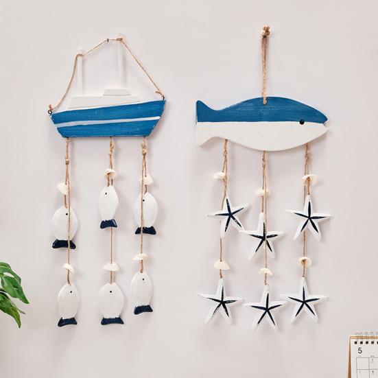 Rustic Ocean Windchime Coastal Beach Theme Wooden Hanging Decor with Hemp Rope for Indoor Outdoor Nautical Patio Garden Decor