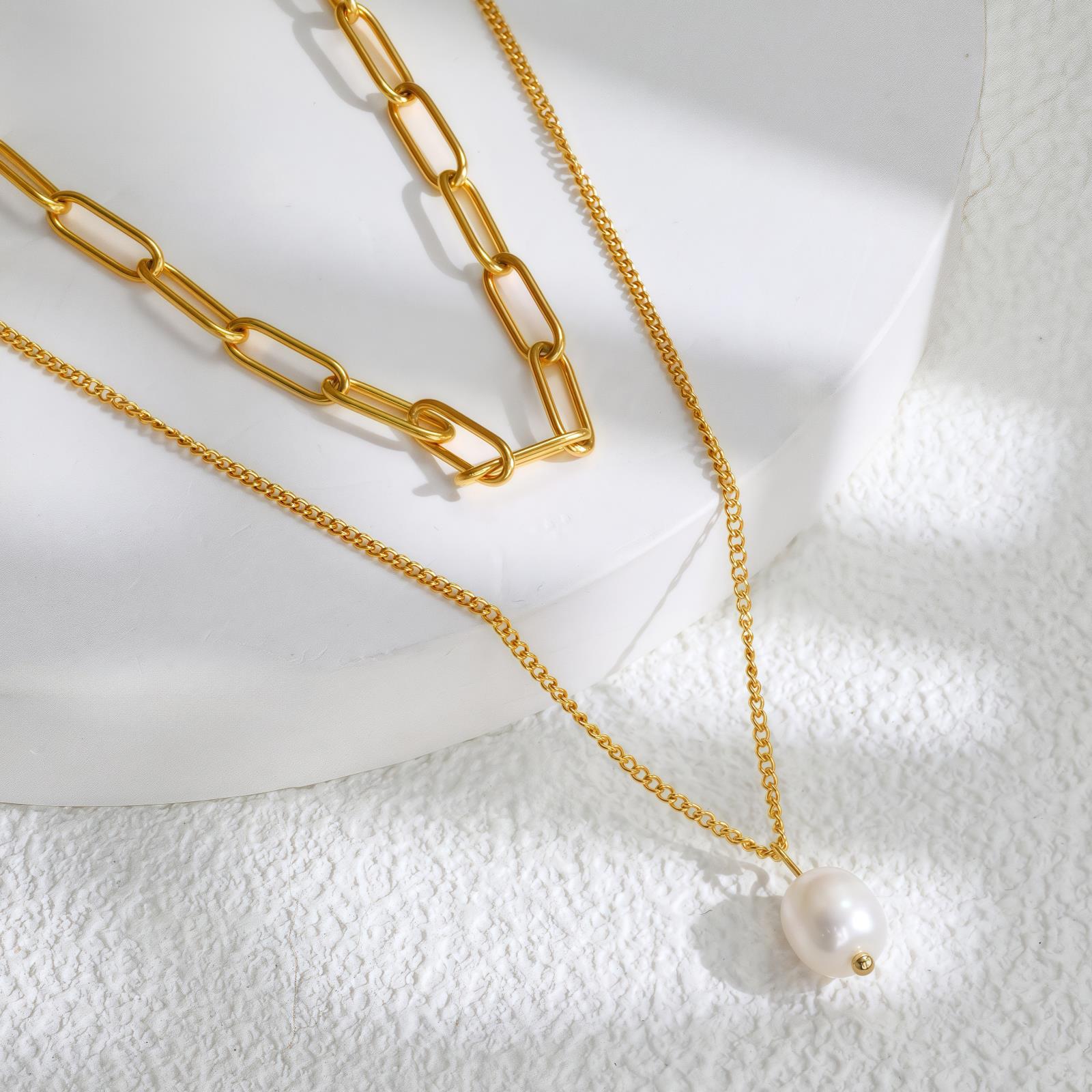 French Elegant Double Pearl Necklace Plated 18K Gold Titanium Steel Necklace Women S Gift