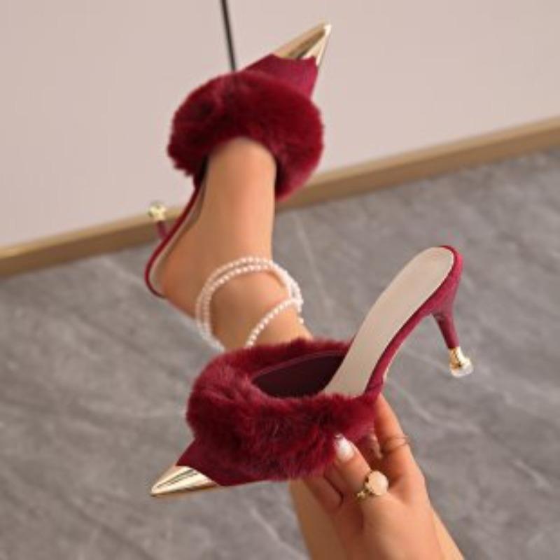 Damen Flauschige Absatz-Mules Metall-Zehen-Slipper für Damen Mode Plüsch Größe Frühling Herbst Hohe Absätze Outdoor Baotou Halbslipper