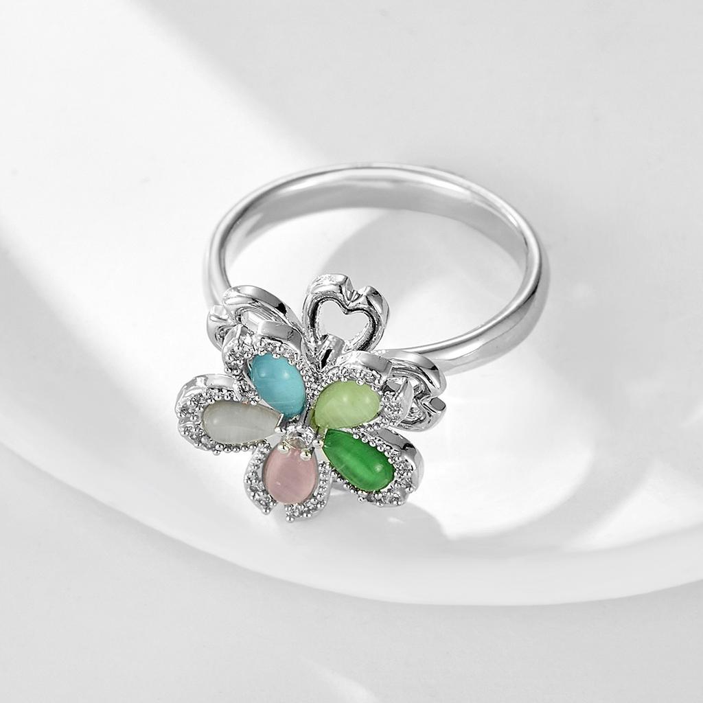 Fashion Versatile Sweet Copper Micro-inlaid Ring Light Luxury High-end Color Five-petal Flower Femininity Index Finger Ring