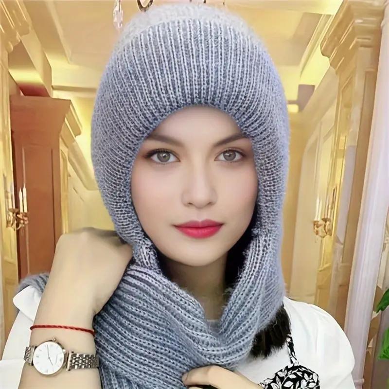 Womens Warm Knit Hat Scarf One Piece Woolen Thermal Hat with Ear Protection Windproof Winter Outdoor Accessories Christmas Gift